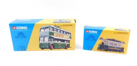 A Corgi Classics 40th Anniversary die cast model of a Karrier W Trolley Bus set, Nottingham City Transport, limited edition certificate 34701, together with a Blackpool single deck tram, with limited edition certificate 36901, both boxed. (2)