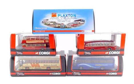 Four Corgi Original Omnibus die cast models, limited edition, scale 1:76, boxed, together with a limited edition Plaxton Panther Centenary Livery, scale 1:76, OM46105, all boxed. (5)