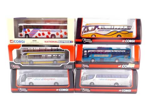 Five Corgi Original Omnibus die cast models, limited edition, scale 1:76, together with a National Express Remembrance Coach Plaxton Premier, 43318, all boxed. (6)