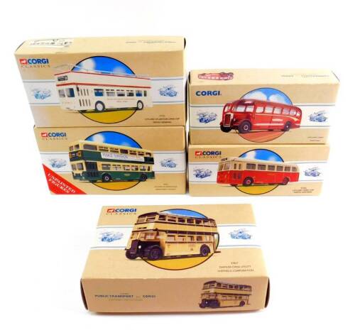 Corgi Classics die cast models of Buses and Coaches, comprising a Leyland Atlantean Open Top Devon General 97233., Daimler CWA6 Utility Sheffield Corporation 97827., Leyland Atlantean Bus Maidstone & District 97341., Leyland Tiger Cub North Western 97364.