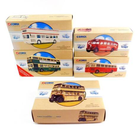 Corgi Classics die cast models of Buses and Coaches, comprising a Leyland Atlantean Open Top Devon General 97233., Daimler CWA6 Utility Sheffield Corporation 97827., Leyland Atlantean Bus Maidstone & District 97341., Leyland Tiger Cub North Western 97364.