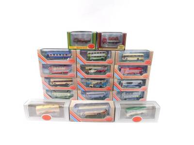 Gilbow die cast models of buses and coaches, Exclusive First Editions, scale 1:76, and two vintage trucks, all boxed. (17)