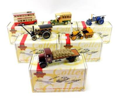 Six Matchbox Collectables die cast vehicles, boxed, with certificates, comprising 1931 Diddler Trolley., 1910 Renault Motor Bus., 1929 Fowler Crane., Great Western Railway 1934 Scammell., Stephenson's Rocket., and a Aveling & Porter Steam Roller.