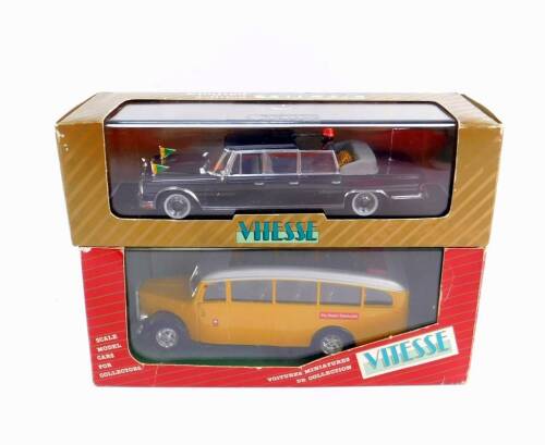 A Vitesse die cast model of a Mercedes 600 African King, limited edition, LO99, together with a Swiss Post Bus, both boxed. (2)