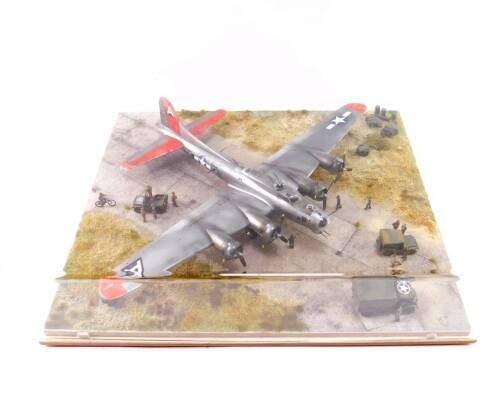 A WWII American Model Aircraft Tableau, showing a USAAF B29 Super Fortress, trucks and figures, perspex cased, 38cm x 46cm.