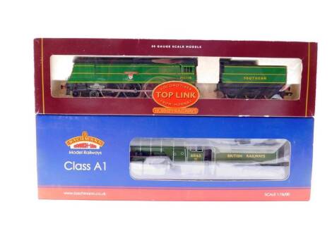 A Hornby OO gauge West Country Class locomotive Bideford, Southern Railways green livery, 4-6-2, 21C119, together with a Bachmann Branch Line Class A1 Locomotive Tornedo, BR green livery, 4-6-2, 60163, both boxed. (2)