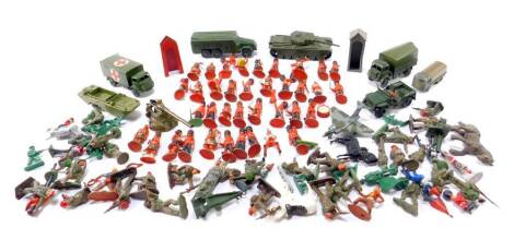 Dinky die cast military vehicles, comprising a Military Ambulance 626, Centurion Tank 651, Army Wagon 623, Duk W Amphibian, and an Armoured Command Vehicle 677, together with a Britains Gun and Sentry Post, Lonestar plastic military figures, and sundries.