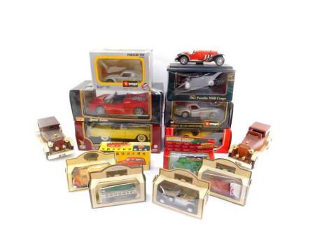 Vanguards Burago and Lledo Days Gone By die cast sports cars, and other vehicles, most boxed, together with two wooden and brass scale models of vintage cars. (qty)