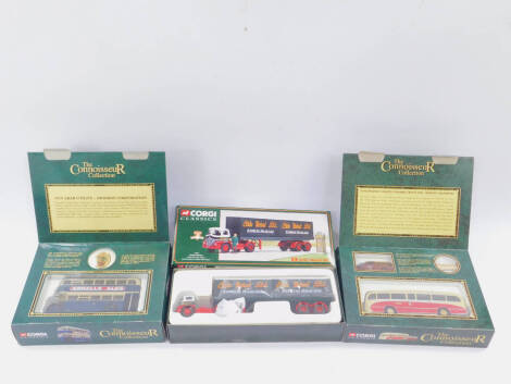 A Corgi Classics Eddie Stobart Ltd Foden S21 Arctic Trailer, with containers and white metal figure, limited edition, 14303, Swindon Corporation Guy Arab Utility Set, 34301, and a Barton's Birmingham Seagull and Morris Traveller Set, 36501, all boxed. (3