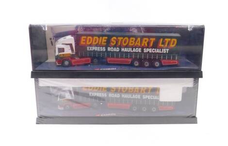 A pair of Corgi Modern Trucks, New Era of Road Transport, Eddie Stobart Ltd Express Road Haulage Specialist, 755403, perspex cased.