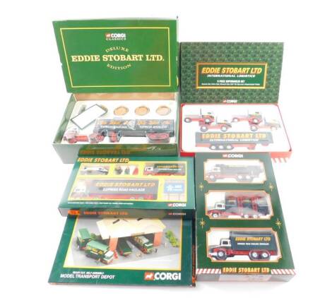 An Eddie Stobart Ltd Corgi Gift Set, limited edition, 5 Piece Super Hauler Set, TY99158, 3 Piece Set 60011, Model Transport Depot, flat pack 31801, and Deluxe Edition 14302, all boxed. (5)