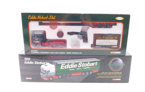 A Corgi Limited Edition Eddie Stobart Ltd Lorry Set, Scammell Crusader 3-Axle Low Loader, with certificate, CC12610, together with a Limited Edition Scania Topline Curtain Side Trailer, Sights and Sounds, CC12936, both boxed. (2)