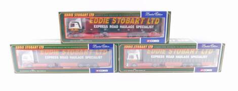 Corgi Limited Edition die cast Eddie Stobart lorries, comprising a MAN Refigerated Box Trailer, 75702, MAN Curtain Side, 75804, and a Scania Box Trailer, 76602, boxed. (3)