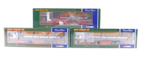 Corgi Limited Edition Eddie Stobart lorries, comprising a Scania Topline Curtain Side, CC12901, Volvo Globetrotter Curtain Side, CC12401, and a Volvo F88 Box Trailer, CC13101, boxed. (3)