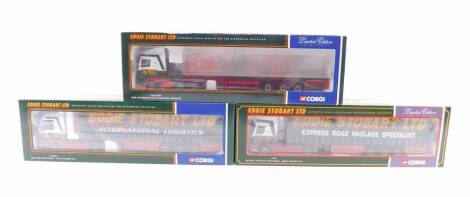 Corgi Limited Edition die cast Eddie Stobart lorries, scale 1:50, comprising DAF XF Spacecab and Flatbed Trailer, CC13207, Renault Premium Curtain Side, 75601, and MAN TGA Curtain Side, CC13401, boxed. (3)