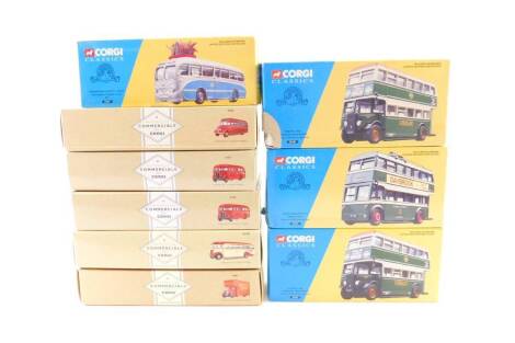 Corgi Commercial and Classic die cast vehicles, buses, coaches, and a Slumberland Beds lorry, boxed, comprising 97105, 97192, 97085, 97085, 97187 x2, 34101, 35201, 34701, and 35201. (9)