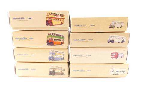 Corgi die cast Classic and Public Transport vehicles, buses, coaches, together with a Fire vehicle, comprising 97336, 97829, 97820, 97822, 98163, 97823, 97233, and 97357, boxes. (8)