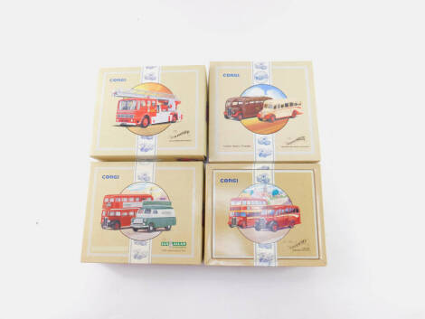 A Corgi Commercials Limited Edition 2 Vehicle die cast model set, The South Wales Bedford OB Coach and AC Regal, 97075, The Cardiff AC Ladder Fire Vehicle, 97385, The Buses Of Coventry comprising one AEC Bus and one OB Coach, 97061, and The Ian Allen Publ