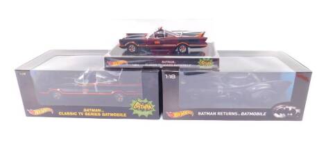 Two Hot Wheels Batman models of Batmobiles, scale 1:18, together with a further Batmobile scale 1:24, all boxed. (3)