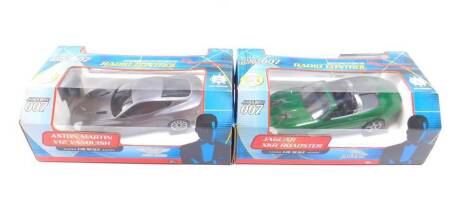 A pair of James Bond 007 radio controlled cars, scale 1:16, Die Another Day, comprising Jaguar XKR roadster and Aston Martin V12 Vanquish, both boxed. (2)