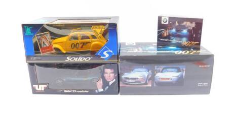 A Solido Prestige die cast model of a James Bond 2CV, 8051, UT models BMW Z3 roadster, and two die cast models of 007 World Is Not Enough BMW Z8, all boxed. (4)