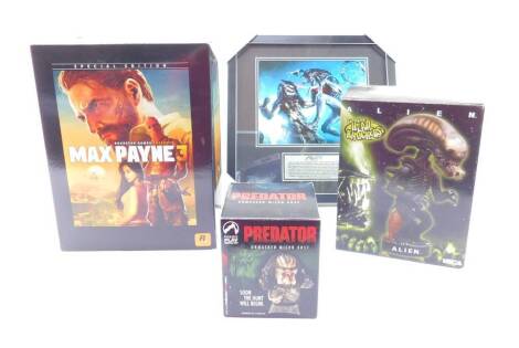 A Rockstars Games Max Payne III Special Edition Figure, Neca Extreme Headnockers Alien, and a Palisades Predator Unmasked Micro Bust, all boxed, together with an AVP Alien vs Predator 2004 print. (4)