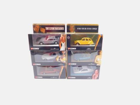 Six James Bond The Definitive Bond Collection die cast vehicles, boxed, comprising Lotus Esprit Turbo, Toyota 2000 GT, Aston Martin Velante, Lotus Esprit, BMW Z3 Roadster, and a Citroen 2CV.