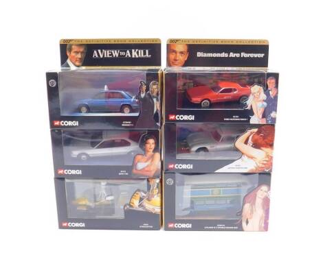 Six James Bond The Definitive Bond Collection die cast vehicles, boxed, comprising Gyro Copter, BMW 750i, Renault 11, Leyland RT Double Decker Bus, Aston Martin DB5 and Ford Mustang Mach 1.