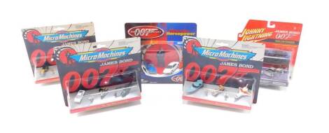 Three Micro Machines James Bond 007 scale miniatures sets, comprising The Spy Who Loved Me, Goldfinger and Moonraker, together with a Johnny Lightning Gold Finger set, and a Heroic Horse Power Johnny Lightning 4 vehicle die cast set, all boxed. (5)