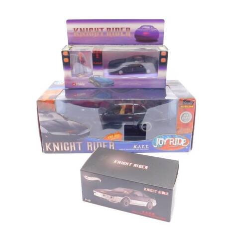 A Joyride Knight Rider die cast model of a Pontiac Trans-Am Kitt, scale 1:24, Corgi Knight Rider Pontiac Trans-Am Kitt with hand painted white metal figure, CC05601, and a Hot Wheels model of a K.A.R.R Night Automated Roving Robot, all boxed. (3)