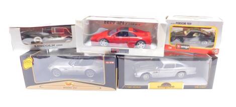 A Maesto Premier Edition model of a BMW Z8, scale 1:18, Chrono model of a James Bond silver Aston Martin DB5, scale 1:18, UT Models Ferrari F355 GTS, a Burago Porshe 959, scale 1:24, and a Solid State model of a Lincoln 1928 Model L convertible, all boxed