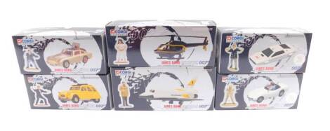 Six Corgi Classics 007 die cast vehicle and figure sets, boxed, comprising Toyota 2000GT and Blofeld figure, Lotus Esprit and Jaws figure, Stromberg Helicopter and Naomi figure, Space Shuttle and Hugo Drax figure, Citroen 2CV and James Bond figure, and an