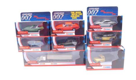 Corgi James Bond 007 die cast vehicles, comprising a Kenworth Tanker, Chevrolet Truck, Sunbeam Alpine, Aston Martin DB5, Rolls Royce, Jaguar XKR, AMC Hornet Hatchback, and a Aston Martin Vanquish, boxed. (8)