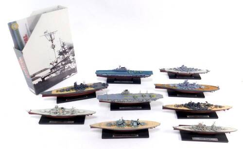 Atlas Models of WWII Warships, together with descriptive leaflets, comprising Bismarck, HMS Hood, USS Hornet, Scharnhorst, IJN Yamato, USS Missouri, HMS Ark Royal, HMS Prince of Wales, and Prince Eugen. (9)