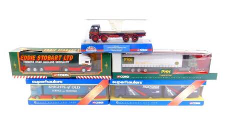 Corgi die cast Super Haulers, comprising Knights of Old., and Pickfords The Careful Removers., Peterborough Heavy Haulage - Scannia Curtainside., Eddie Stobart Ltd ERF Curtainside Trailer., and a Leyland Octopus Platform Lorry, Gibbs of Fraserburgh., Limi