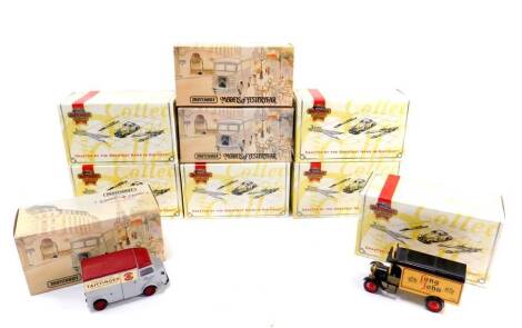 Three Matchbox Taste of France die cast vehicles, 1947 Citroen Type 'H Van'., 'Marcillat'., Pommery and Tattinger., together with six Matchbox Collectables, boxed, comprising YWG01M2, YWG06M. (9)