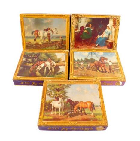 Four Waddington's 470 jigsaw puzzles, fully interlocking, six shillings or five shillings and sixpence including purchase tax, boxed, together with 475 piece Bell jigsaw puzzle, boxed. (5)