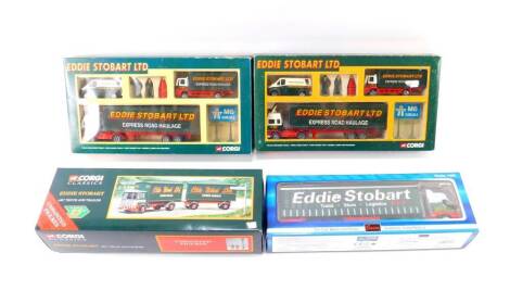 A Corgi die cast Eddie Stobart AEC truck and trailer, 97369, two Eddie Stobart motorway sets, containing a Volvo container truck, cargo truck, etc, and a Saico die cast truck and trailer, 1:64, all boxed. (4)