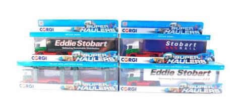 Four Corgi die cast Super Haulers models, comprising fridge truck, car transporter, skeletal container truck, and a curtain side truck, all boxed.