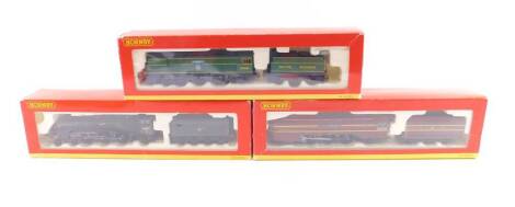 Three Hornby 00 gauge locomotives, comprising 92 Squadron Battle of Britain Class, BR green livery, 4-6-2, 34081, R220., City of Birmingham, Coronation Class, LN red livery, 4-6-2, 6235, R2205., and Silver Fox, Class A4 locomotive, BR green livery, 4-6-2,