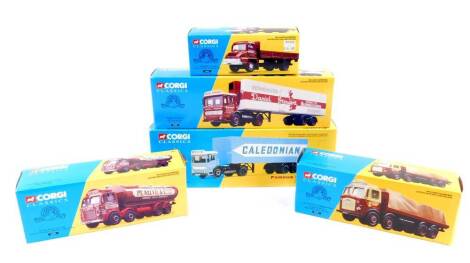 Four Corgi Classics and Famous Hauliers die cast vehicles, comprising Leyland Octopus Elliptical Tanker Set - McKelvie & Co Ltd 24201., Road Services (Caledonian) AEC box trailer, 21302., Daniel Stuart AEC refrigerated box trailer set, 21402., J & A Smit