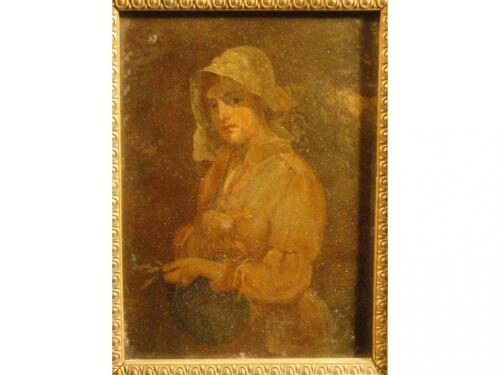 19thC continental school. Half length portrait of a female in a bonnet