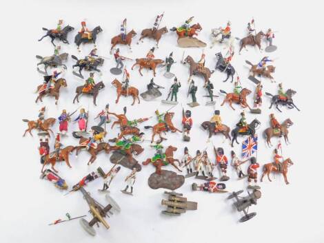 Various 20thC Lineol and other soldiers, cavalry soldiers, one holding flag in Napoleonic dress, 10cm H, etc. (qty)