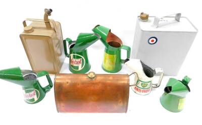 Oil petrol and paraffin cans, including Castrol XXL, various metal jugs, and copper foot warmer. 