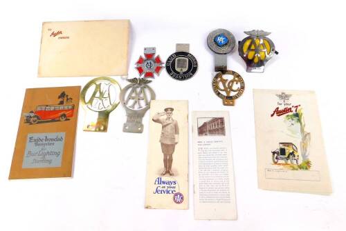 Assorted badge bars, including RAC The Order of The Road, three AA, etc., and some ephemera. (qty)