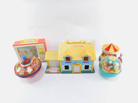 A Chad Valley Sing A Song of Sixpence spinning top, Corgi Magic Roundabout musical carousel, Fisher Price Giant Screen Music Box TV, and a Fisher Price Roly Poly chime ball. (4)