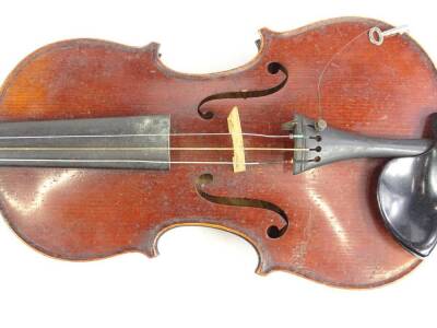 A Jerome Lamy violin, with single piece back, labelled to interior Dulcis et Fortis, length of back 33cm and a bow with nickel silver mounts. - 2