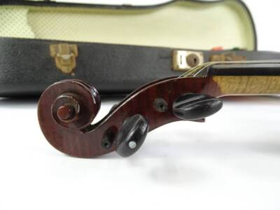 A Jerome Lamy violin, with single piece back, labelled to interior Dulcis et Fortis, length of back 33cm and a bow with nickel silver mounts. - 4