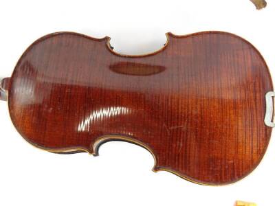 A Jerome Lamy violin, with single piece back, labelled to interior Dulcis et Fortis, length of back 33cm and a bow with nickel silver mounts. - 6