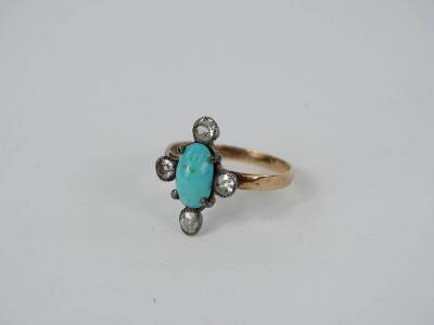 A Victorian dress ring, set with oval cut turquoise stone, and set with four old cut diamonds in cross shape, each in claw setting, on a yellow metal band, unmarked, ring size P, 2.5g all in. - 2